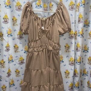 Liberty Love Tan Puff Sleeve Midi Dress